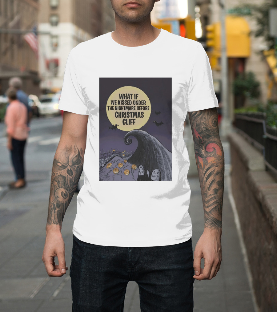 What If We Kissed Under The Nightmare Before Christmas Cliff Halloween Moon Bats Pumpkins Graveyard Scene T-Shirt