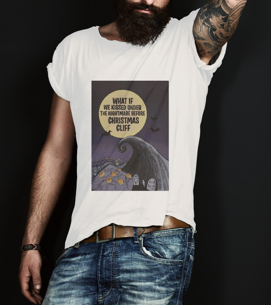 What If We Kissed Under The Nightmare Before Christmas Cliff Halloween Moon Bats Pumpkins Graveyard Scene T-Shirt