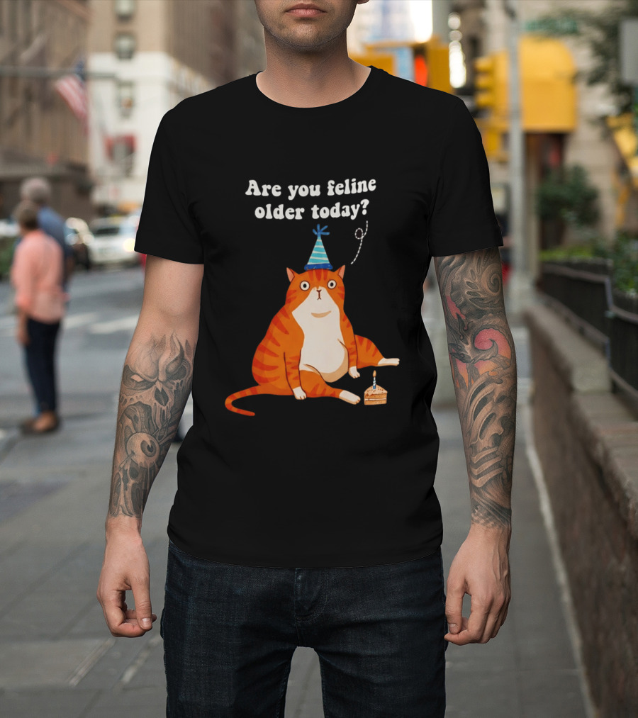 Are You Feline Older Today Birthday Cat With Party Hat And Cake T-Shirt