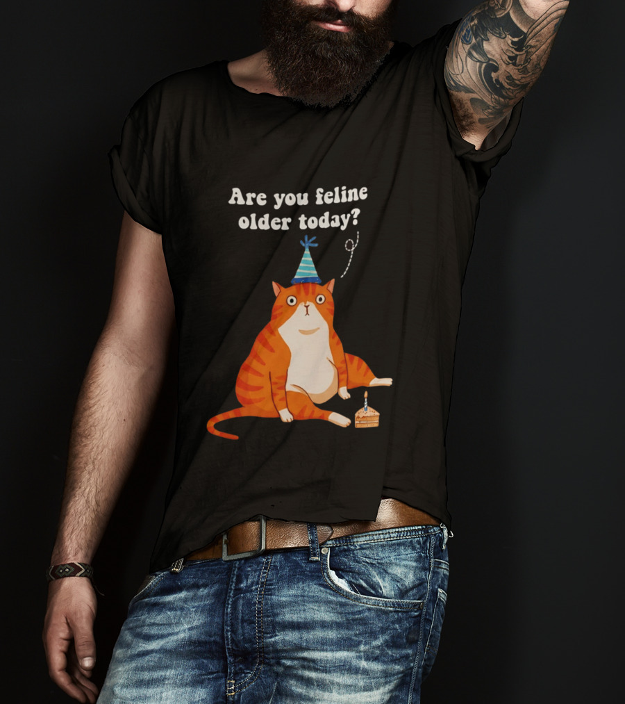 Are You Feline Older Today Birthday Cat With Party Hat And Cake T-Shirt