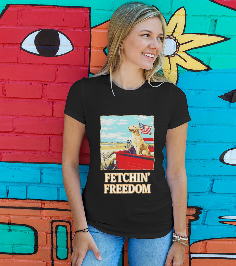 Fetching Freedom Dog And American Flag Scene T-Shirt