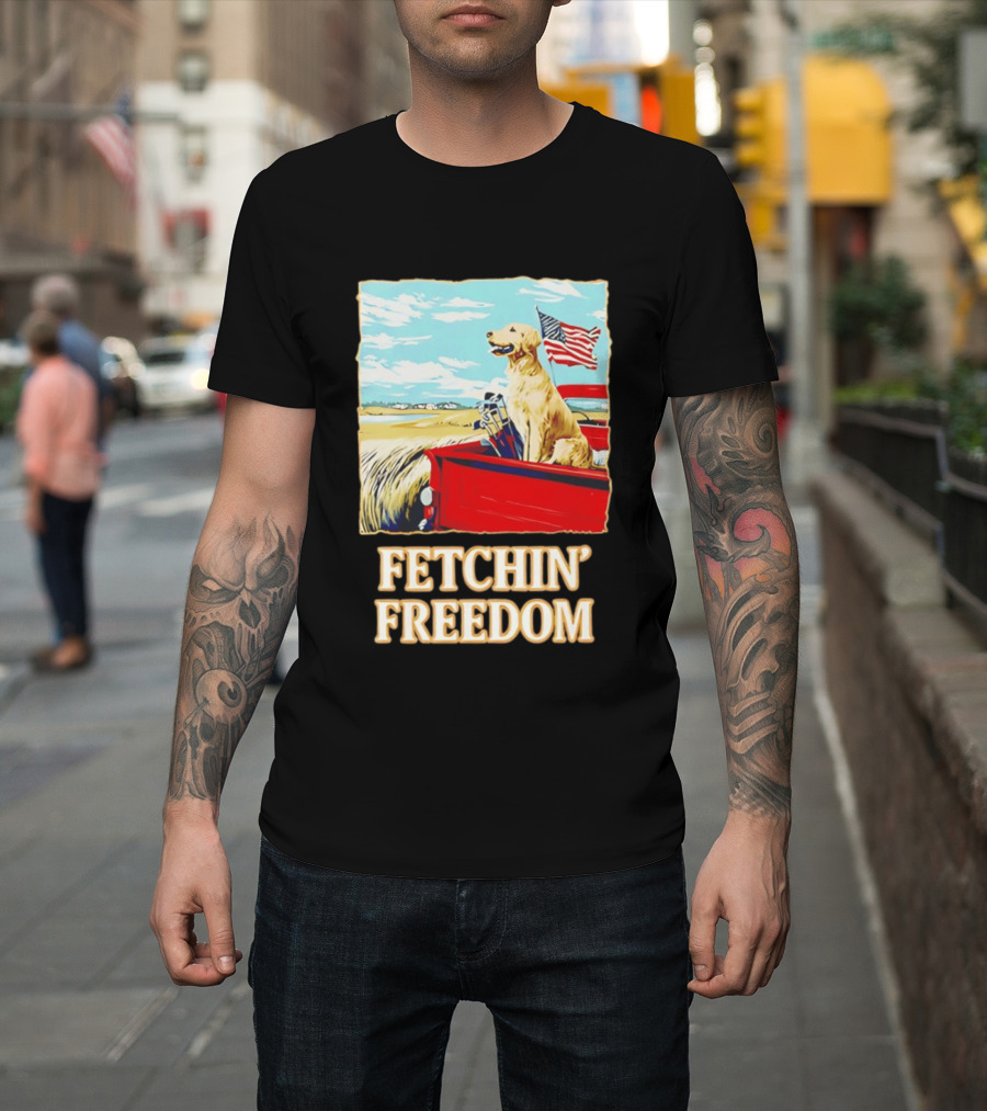 Fetching Freedom Dog And American Flag Scene T-Shirt