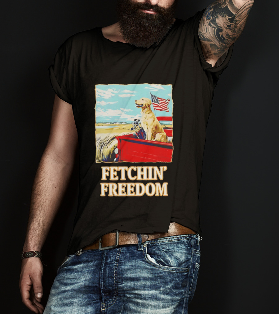 Fetching Freedom Dog And American Flag Scene T-Shirt
