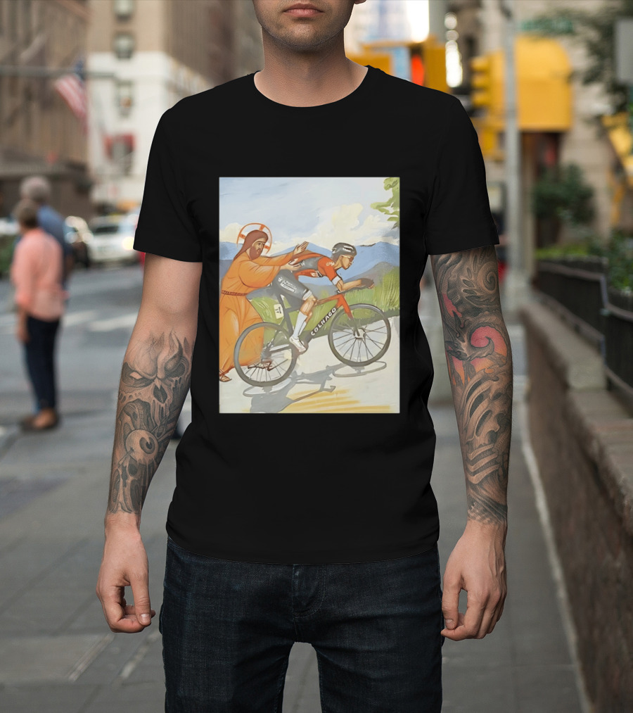 Jesus Gives Tadej Pogačar A Push Colnago Cycling T-Shirt