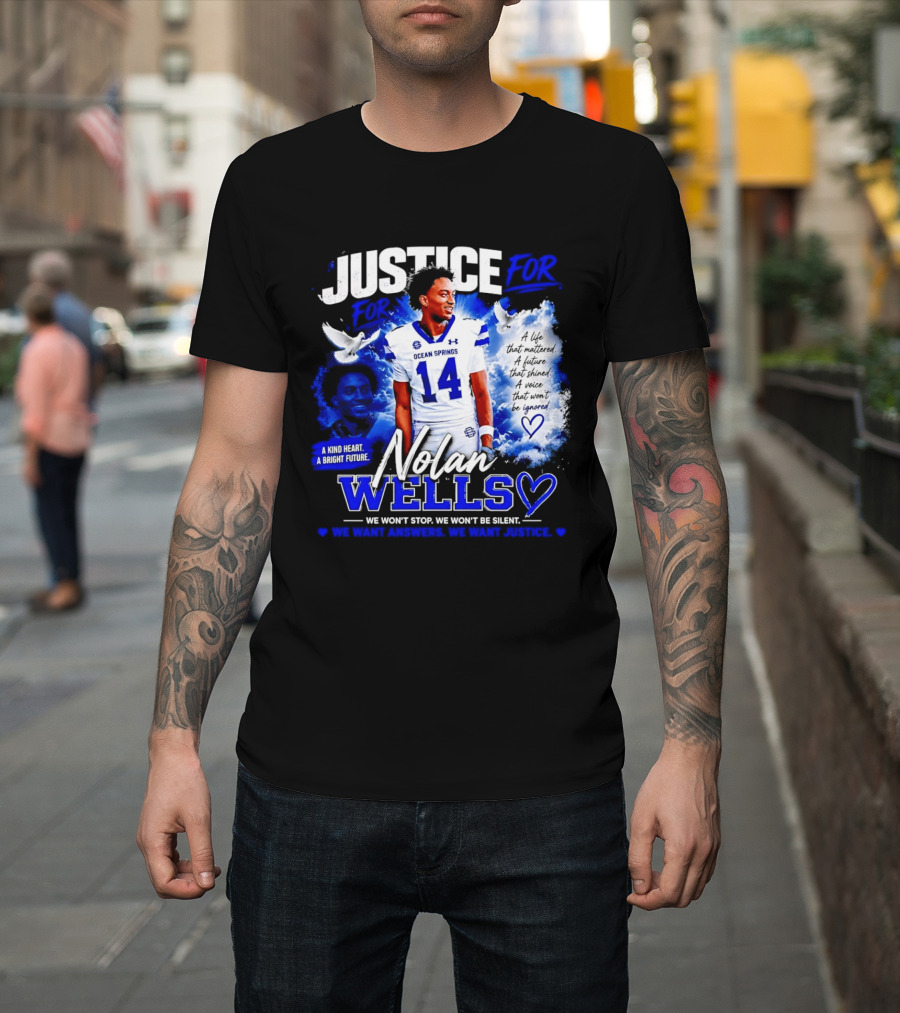 Justice For Nolan Wells Ocean Springs Football Number 14 Ignored Heart We Won't Stop Silent T-Shirt