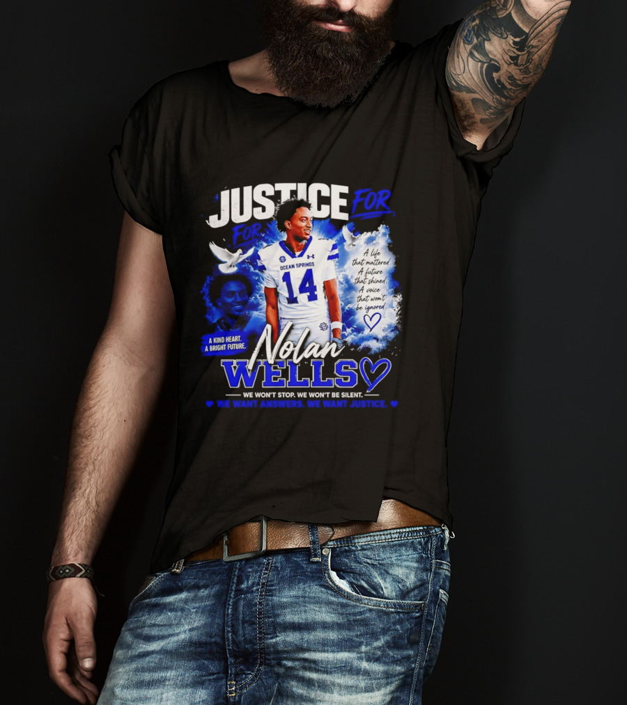 Justice For Nolan Wells Ocean Springs Football Number 14 Ignored Heart We Won't Stop Silent T-Shirt