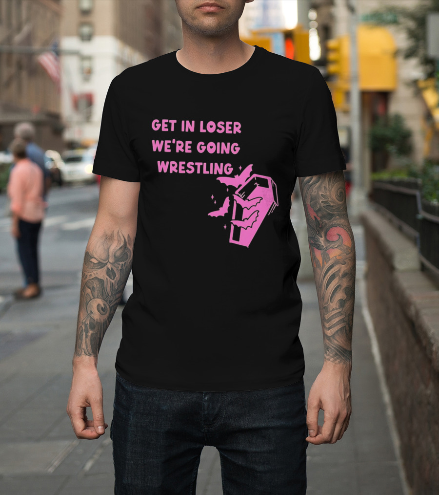Get In Loser We're Going Wrestling Coffin With Bats And Stars T-Shirt