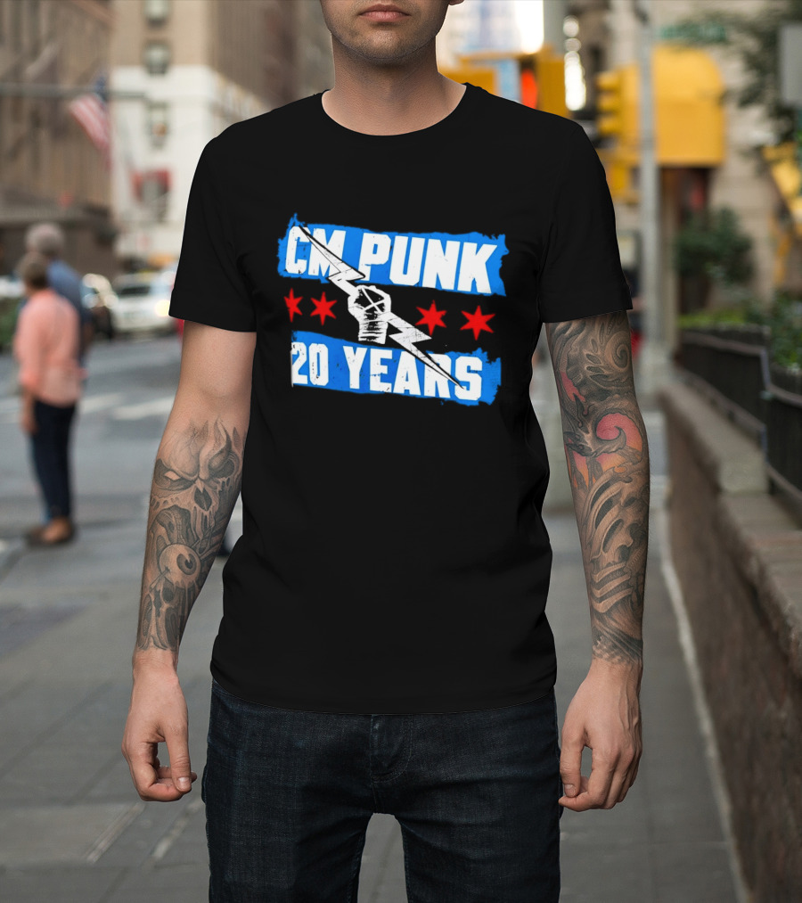 CM Punk 20 Years WWE Flag With Stars And Lightning Fist T-Shirt