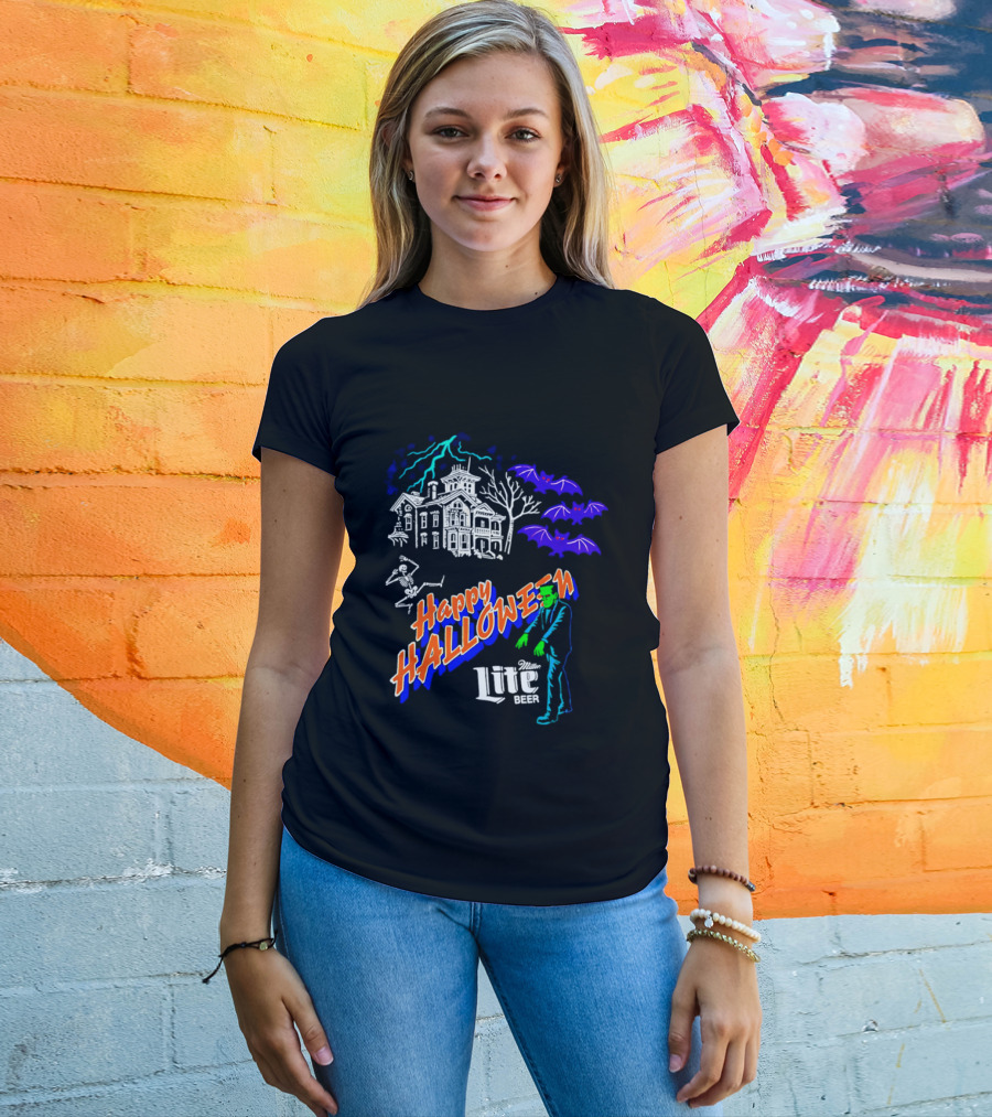 Happy Halloween Miller Lite Beer Haunted House Frankenstein Bats T-Shirt