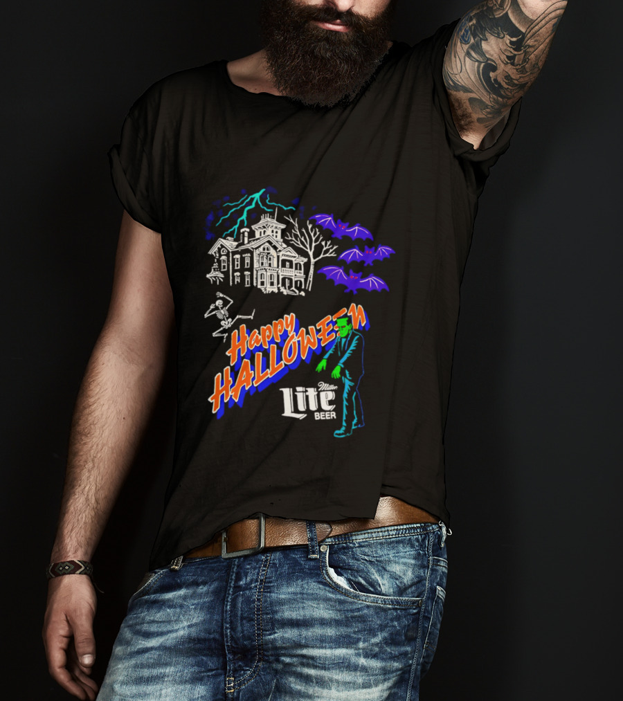Happy Halloween Miller Lite Beer Haunted House Frankenstein Bats T-Shirt