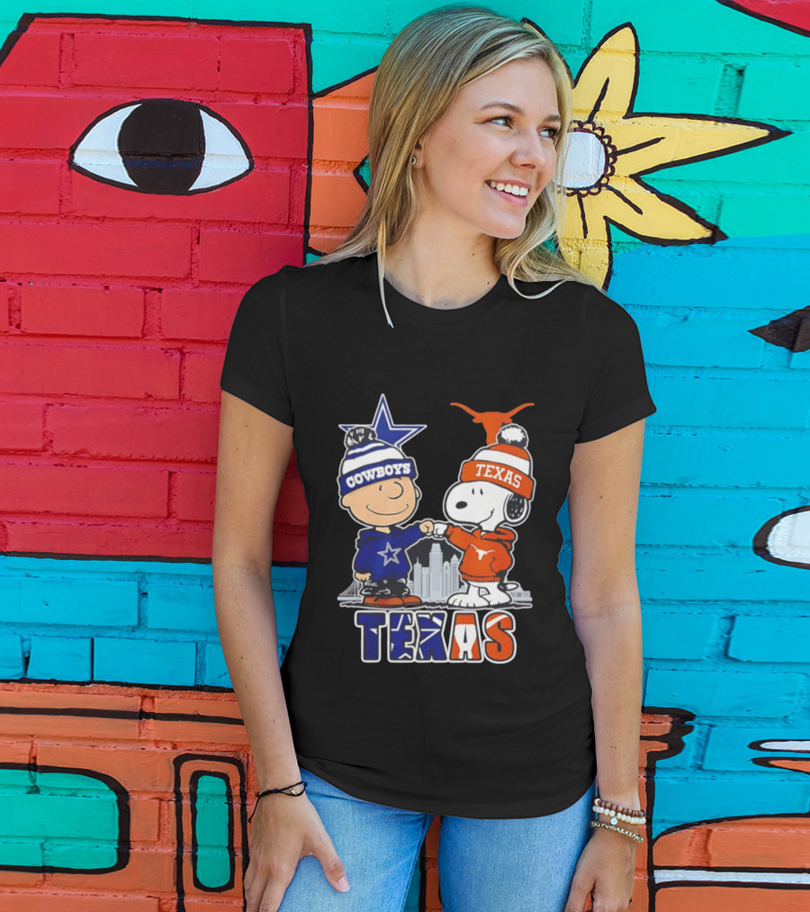 Dallas Cowboys Texas Longhorns Peanuts Characters Stadium Scene T-Shirt