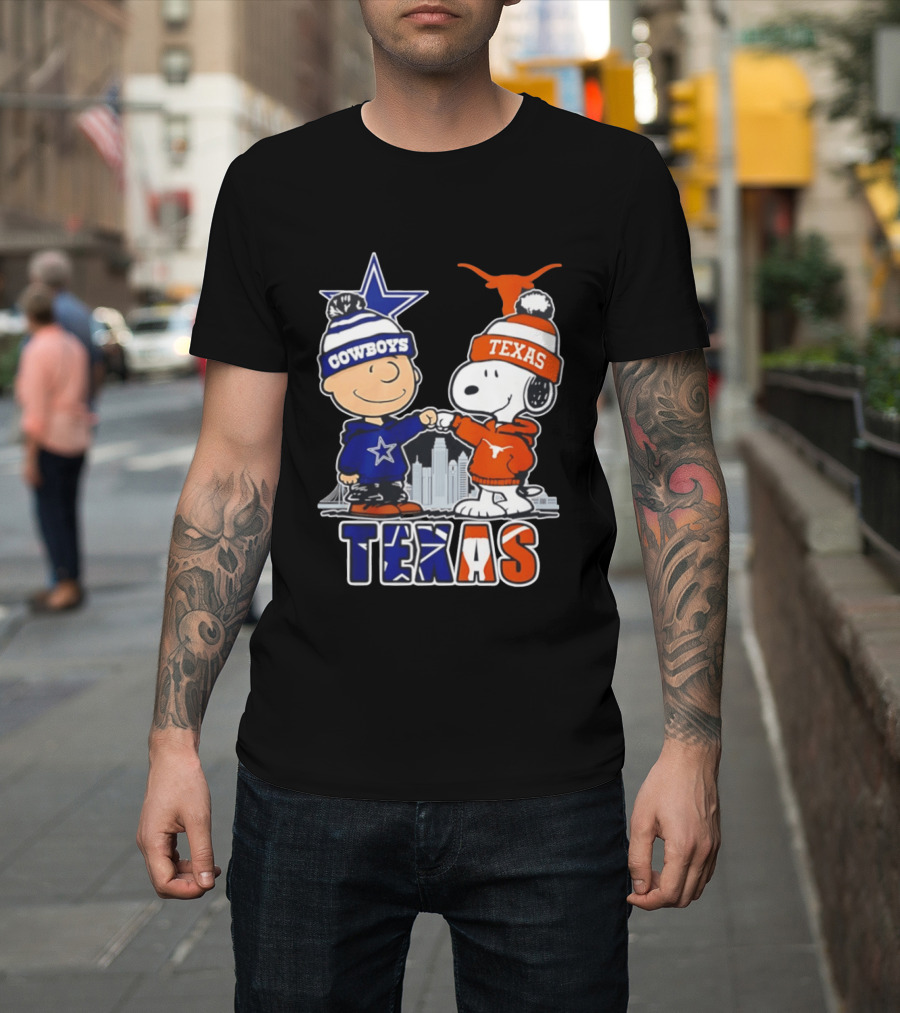 Dallas Cowboys Texas Longhorns Peanuts Characters Stadium Scene T-Shirt