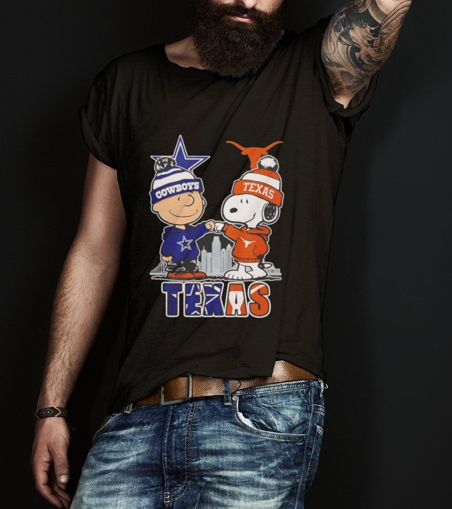 Dallas Cowboys Texas Longhorns Peanuts Characters Stadium Scene T-Shirt