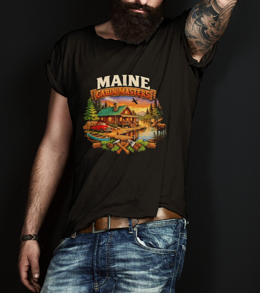 Maine Cabin Masters Rustic Wilderness Scene With Moose And Red Truck T-Shirt