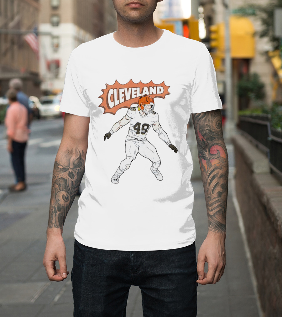 Cleveland Football Comic Style 2026 Player 49 Iconic Helmet T-Shirt