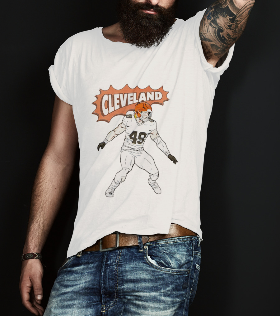 Cleveland Football Comic Style 2026 Player 49 Iconic Helmet T-Shirt