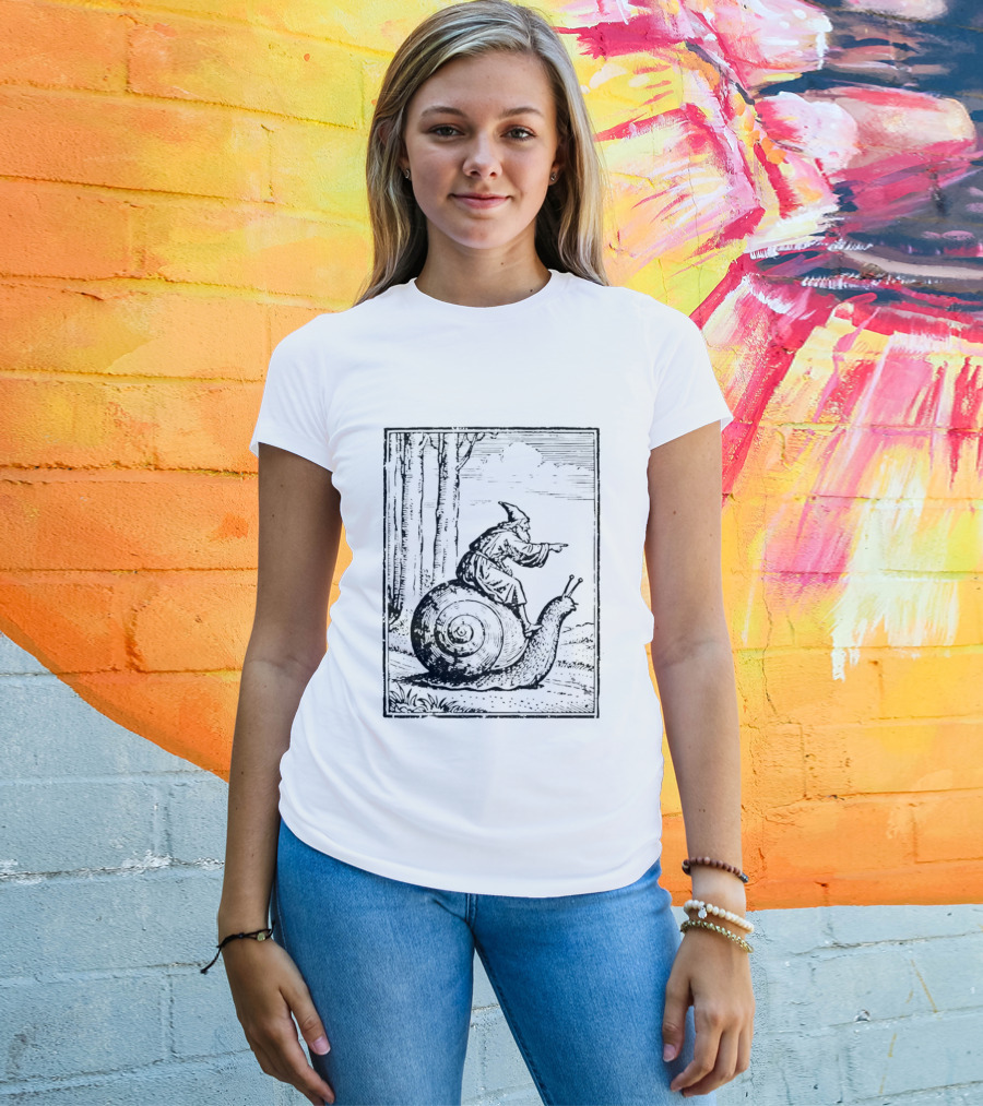 Medieval Snail Rider Wizard Woodcut Fantasy Enchantment T-Shirt