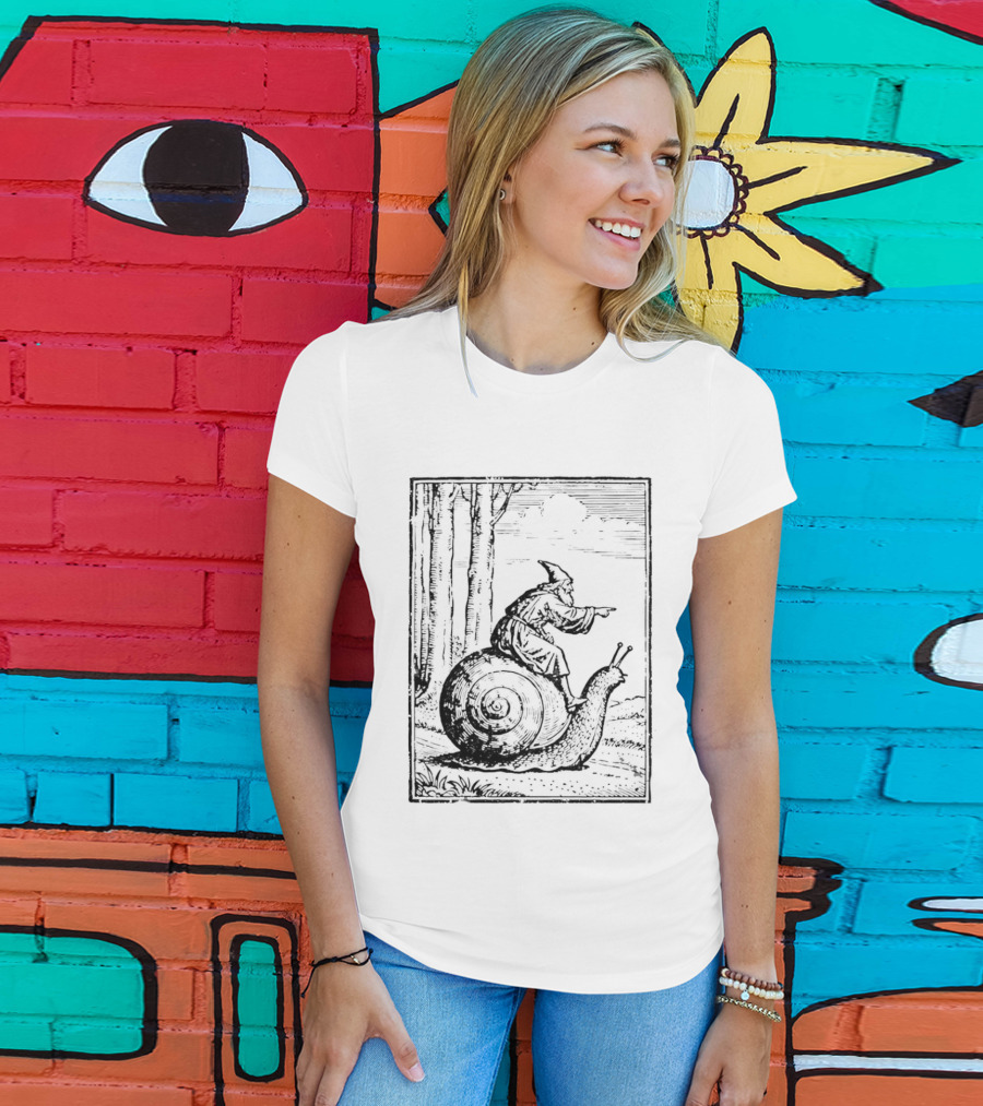Medieval Snail Rider Wizard Woodcut Fantasy Enchantment T-Shirt