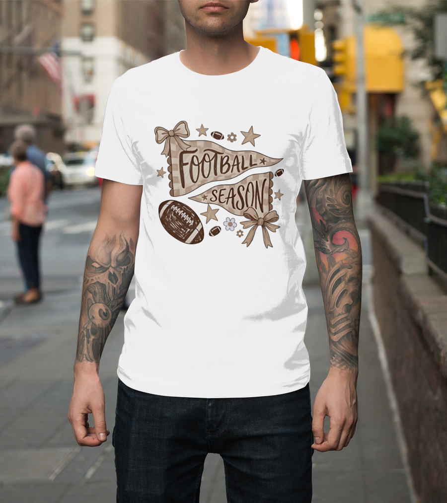 Football Season Pennant Bows And Stars With Footballs T-Shirt