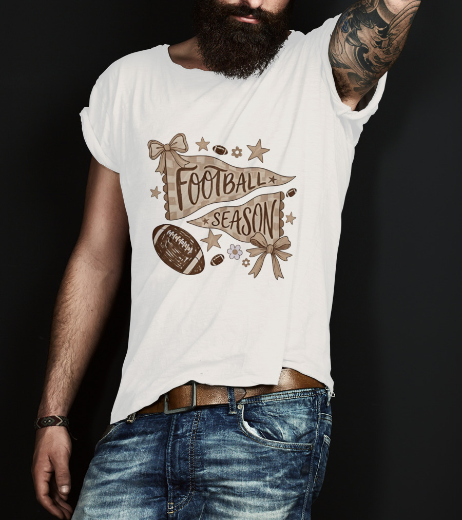 Football Season Pennant Bows And Stars With Footballs T-Shirt