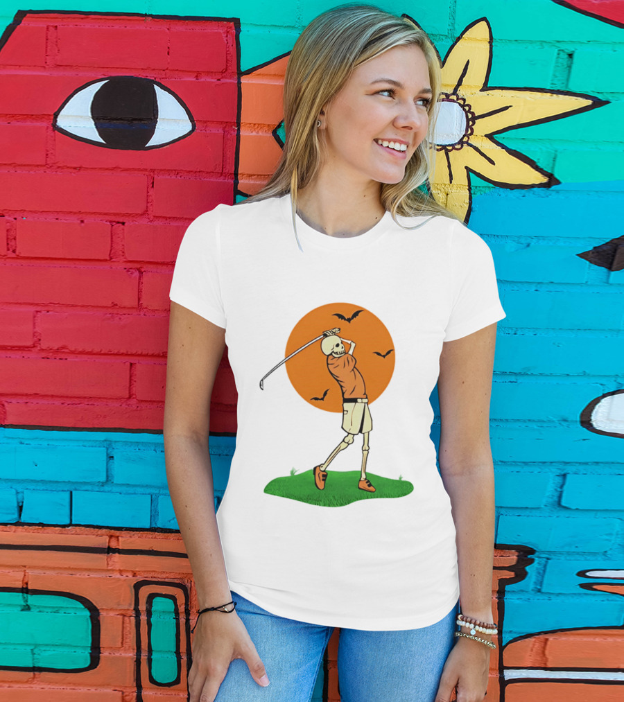 Skeleton Golfer At Sunset With Flying Bats T-Shirt