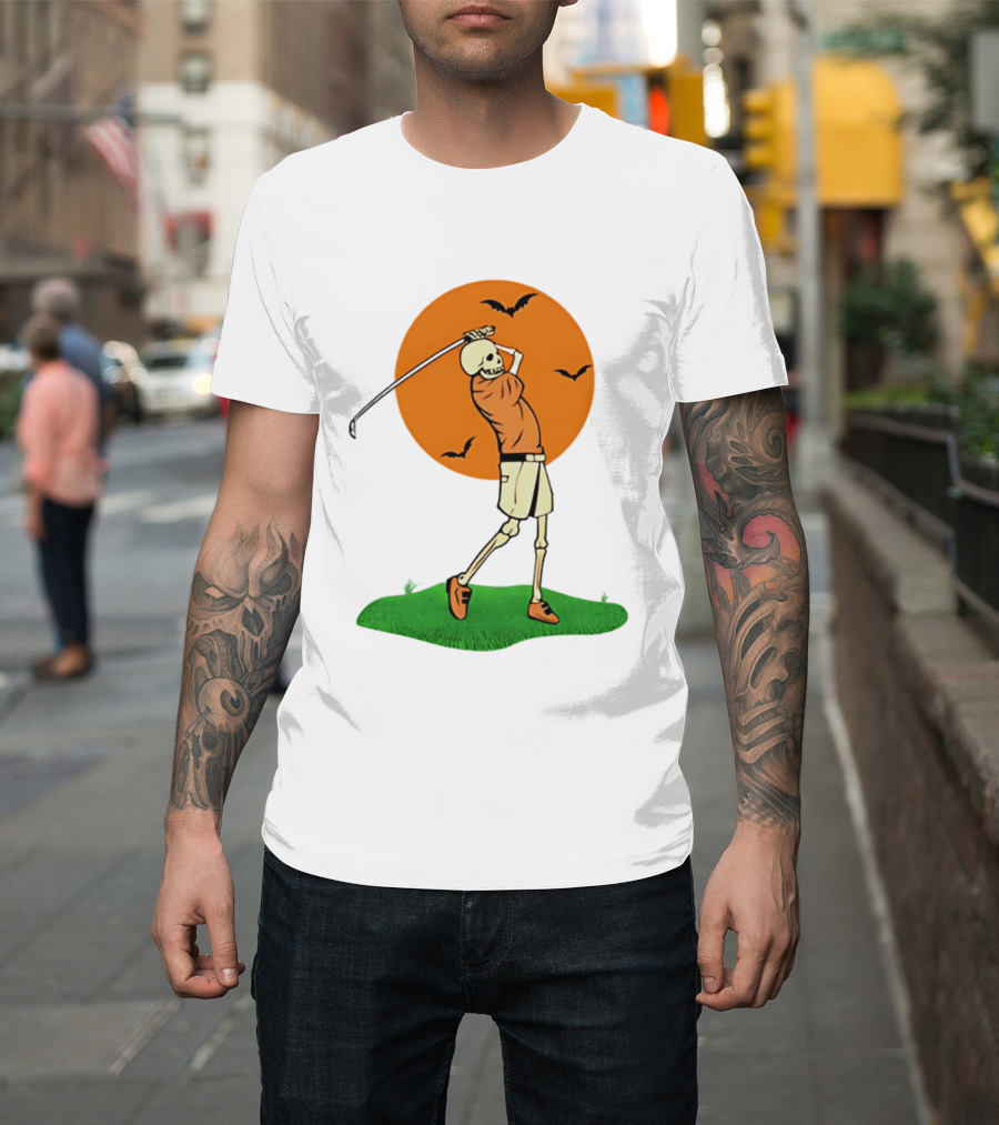 Skeleton Golfer At Sunset With Flying Bats T-Shirt
