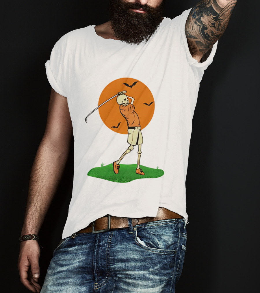 Skeleton Golfer At Sunset With Flying Bats T-Shirt