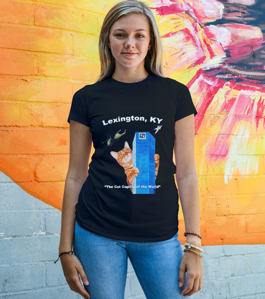 Lexington KY The Cat Capital Of The World Funny Cat With Building And Helicopter T-Shirt