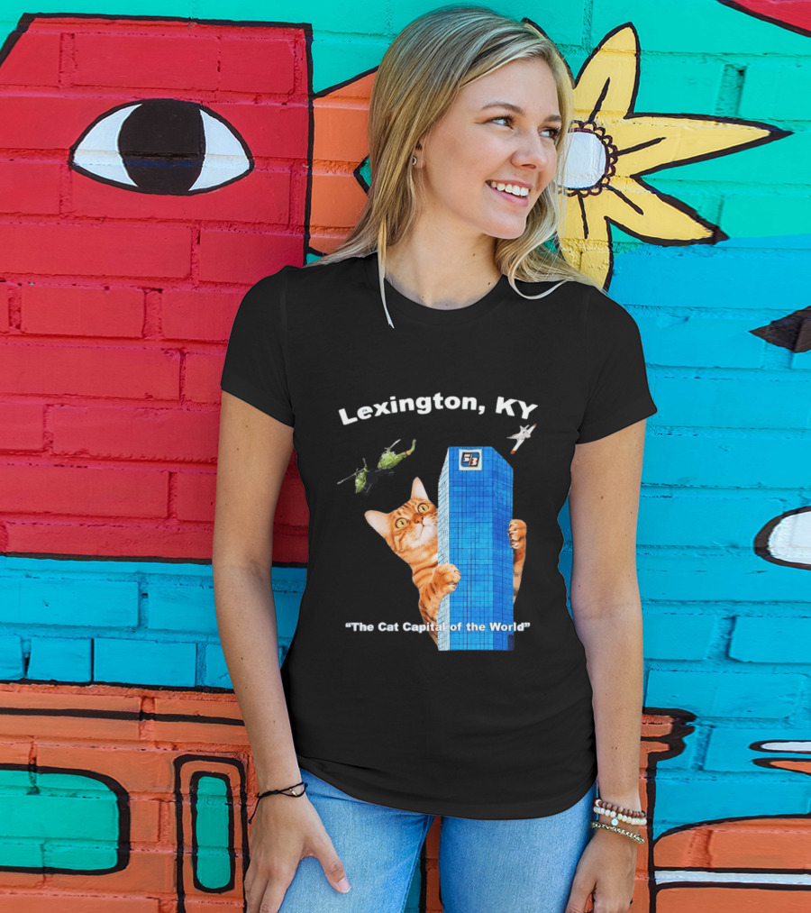 Lexington KY The Cat Capital Of The World Funny Cat With Building And Helicopter T-Shirt