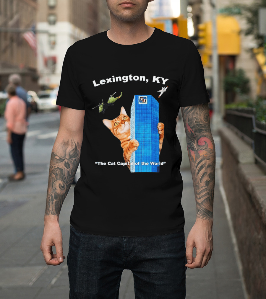 Lexington KY The Cat Capital Of The World Funny Cat With Building And Helicopter T-Shirt