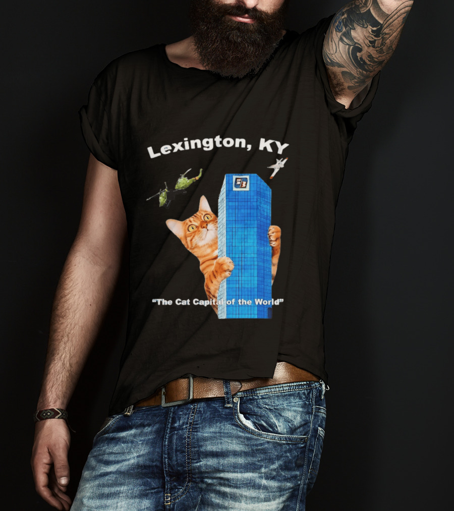 Lexington KY The Cat Capital Of The World Funny Cat With Building And Helicopter T-Shirt