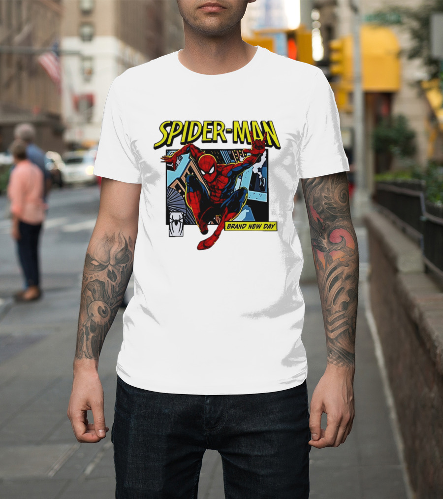 Spider Man Brand New Day Iconic Comic Style Swinging Action T-Shirt