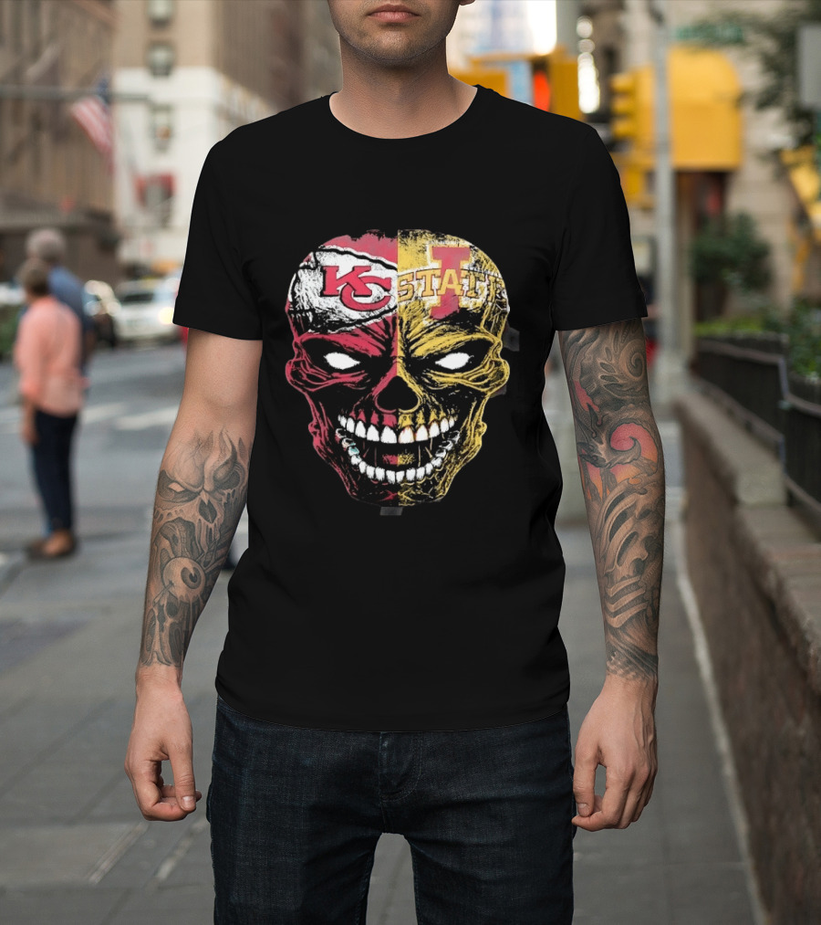 Kansas City Chiefs Iowa State Cyclones Skull Split Face T-Shirt