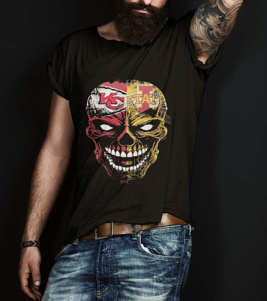 Kansas City Chiefs Iowa State Cyclones Skull Split Face T-Shirt