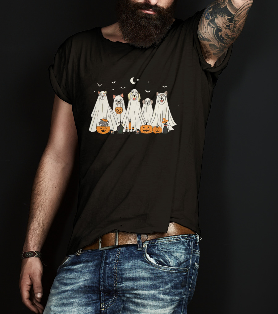 Halloween Ghost Dog Pack With Pumpkins And Moonlit Night T-Shirt