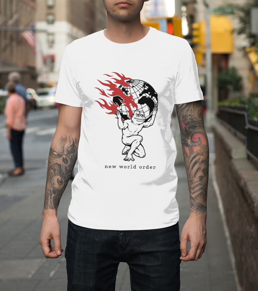 Frog Carrying Burning Earth With Flames New World Order T-Shirt