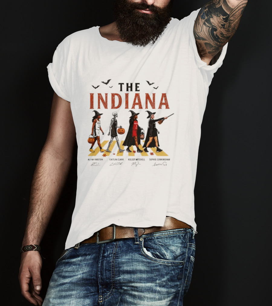 The Indiana Fever WNBA Aliyah Boston Caitlin Clark Kelsey Mitchell Sophie Cunningham Halloween Crosswalk Skeleton Witches Pumpkin T-Shirt