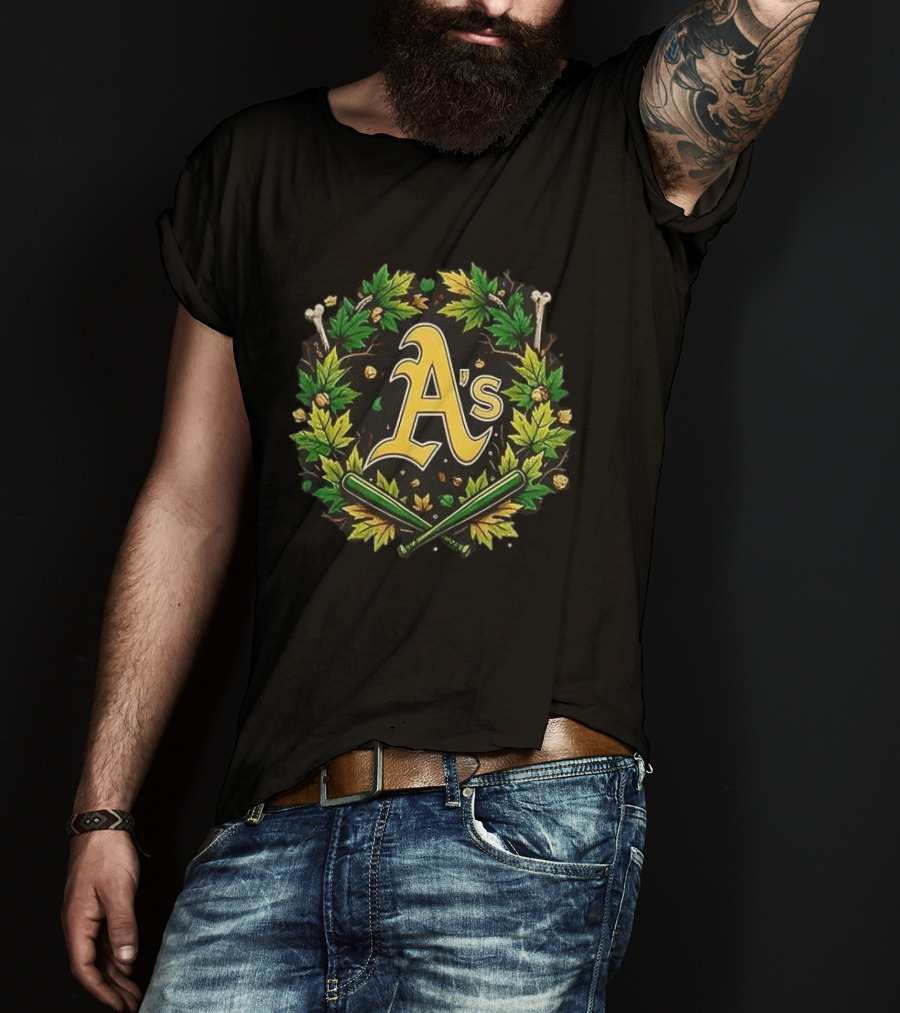 A's Halloween Maple Leaves Skull Crossed Bats Baseballs T-Shirt