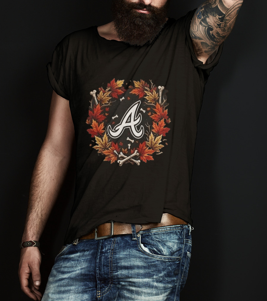Atlanta Braves Halloween Maple Leaves Skull Bones Crossed Bats T-Shirt