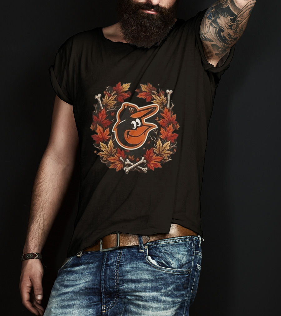Baltimore Orioles Halloween Maple Leaves Skull Crossed Bats Baseballs T-Shirt