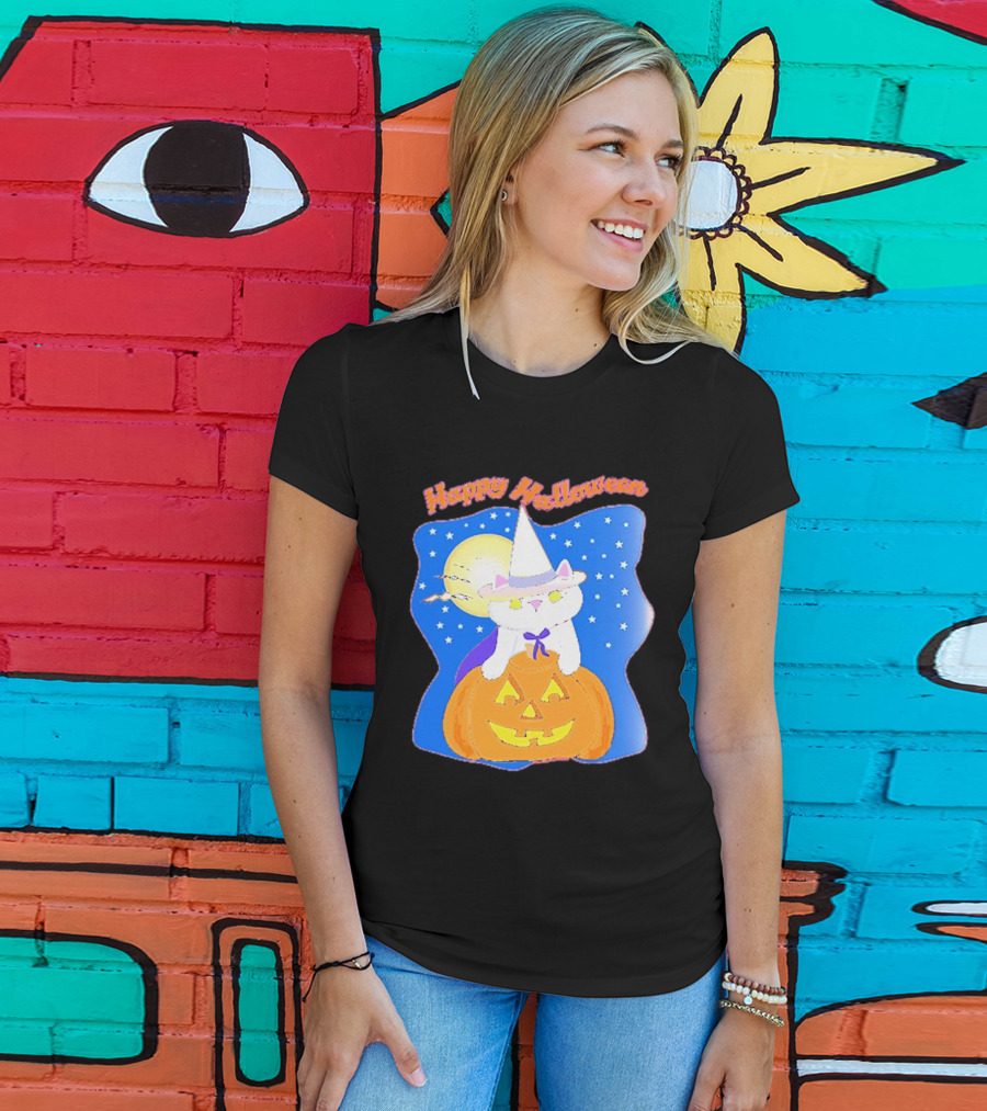 Happy Halloween Cat Witch On Pumpkin With Full Moon And Stars T-Shirt