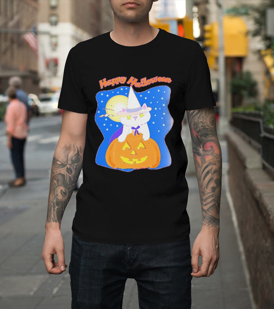 Happy Halloween Cat Witch On Pumpkin With Full Moon And Stars T-Shirt