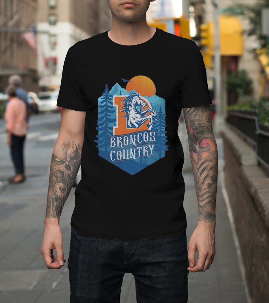 Denver Broncos Country Logo Football Mountain Sunset T-Shirt