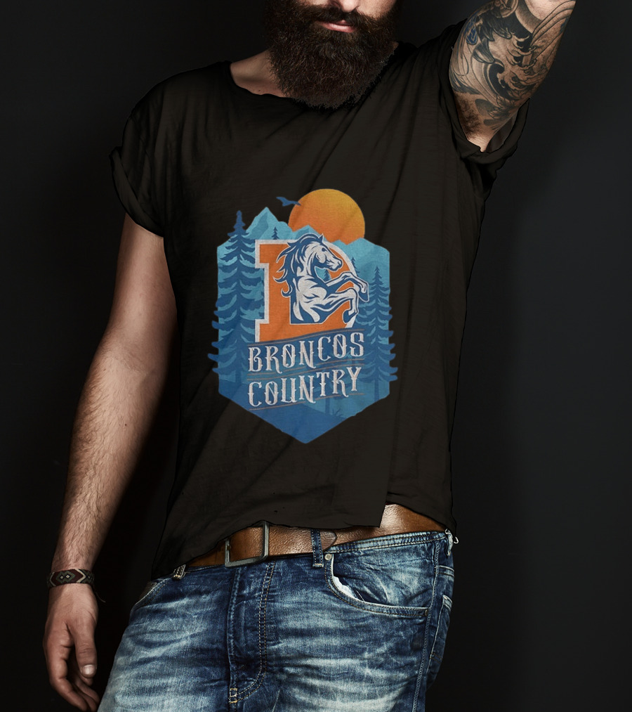 Denver Broncos Country Logo Football Mountain Sunset T-Shirt