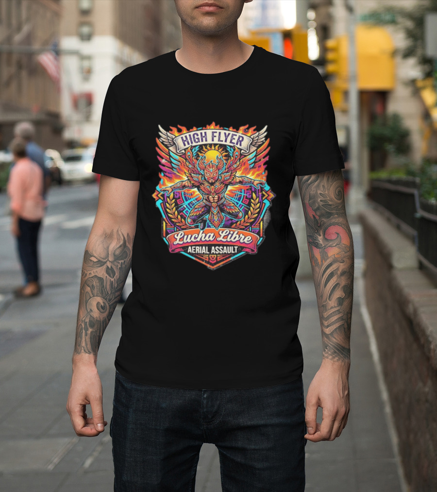High Flyer Lucha Libre Aerial Assault Winged Masked Wrestler Sun Flames T-Shirt