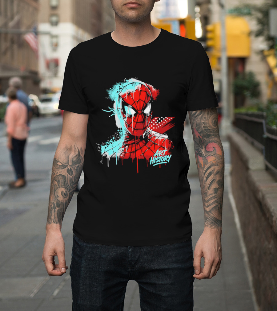 Spider Man Mask Dripping Paint Graffiti Art History Halftone Splatter T-Shirt