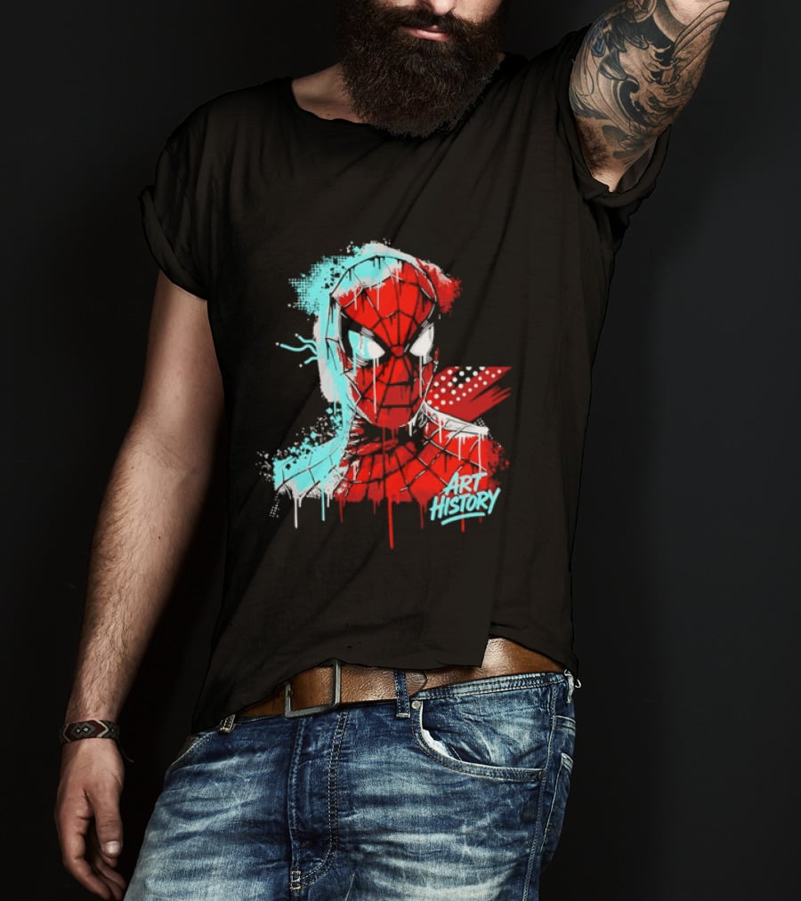 Spider Man Mask Dripping Paint Graffiti Art History Halftone Splatter T-Shirt