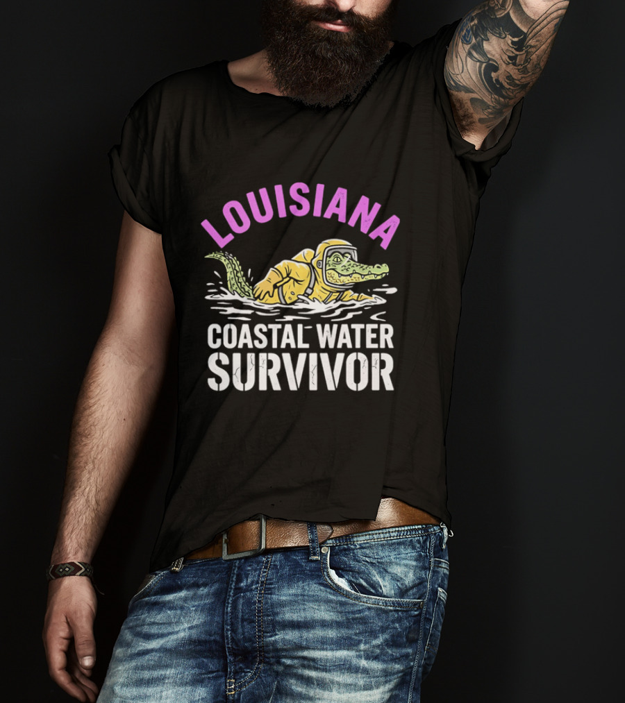 Louisiana Coastal Water Survivor Cartoon Alligator Yellow Hazmat Suit T-Shirt