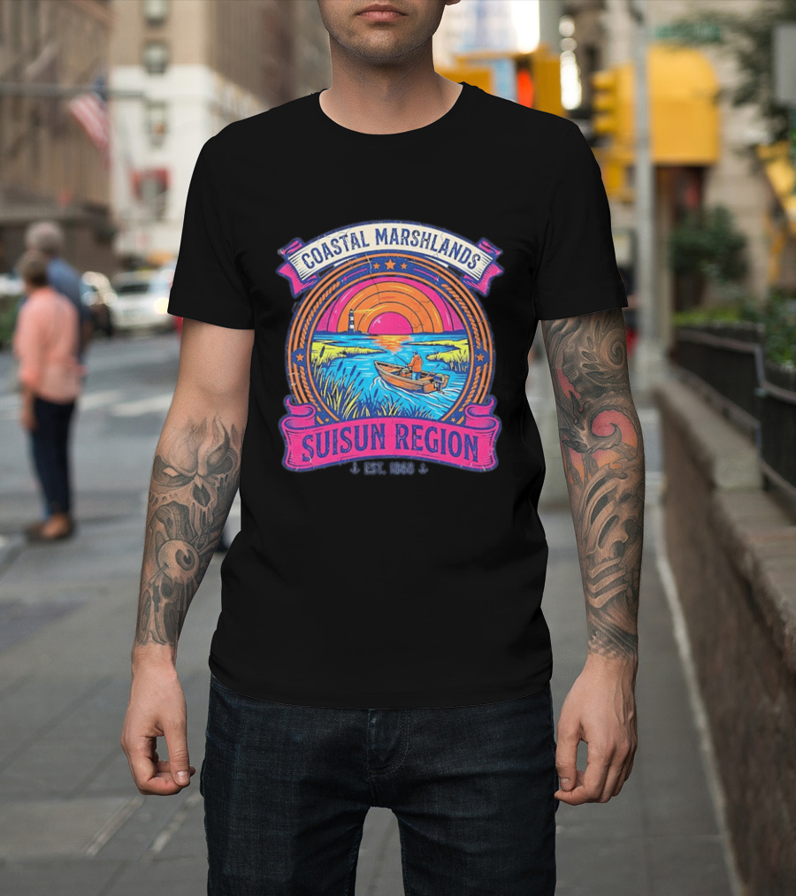 Coastal Marshlands Suisun Region Established 1868 Distressed Sunset Lighthouse Fisherman Boat Marsh T-Shirt