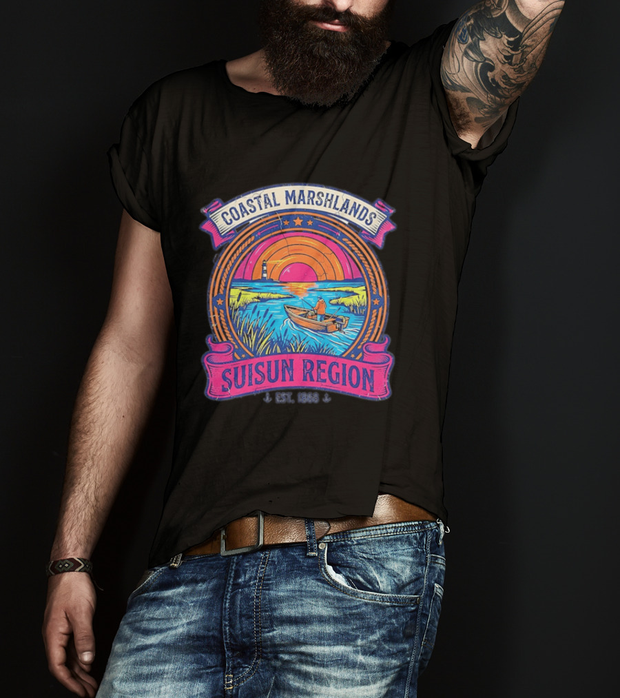 Coastal Marshlands Suisun Region Established 1868 Distressed Sunset Lighthouse Fisherman Boat Marsh T-Shirt